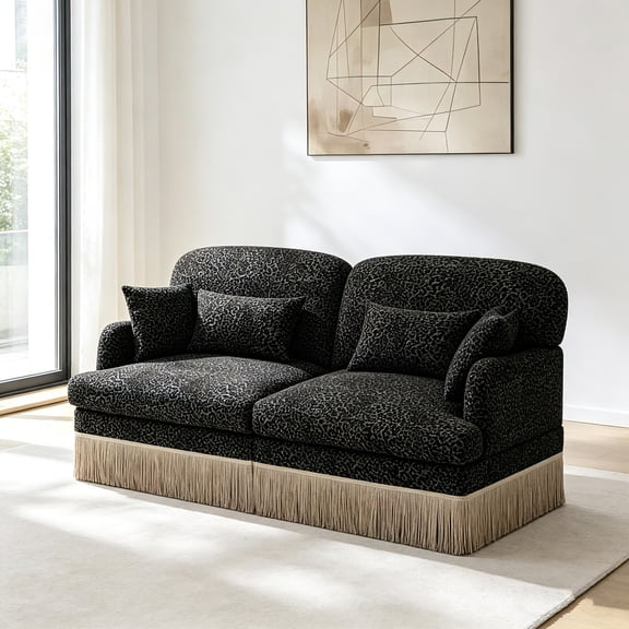 AUU Green Black Chenille Leopard Print Loveseat Sofa with Tassel Edge, Modular Sectional Couch, Ergonomic Deep Seat, Easy Assembly for Living Room