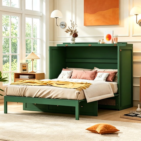 AUU Green Full Size Murphy Bed with Large Storage Drawers Wall-Mounted Fold-Down Bed for Space-Saving Bedrooms
