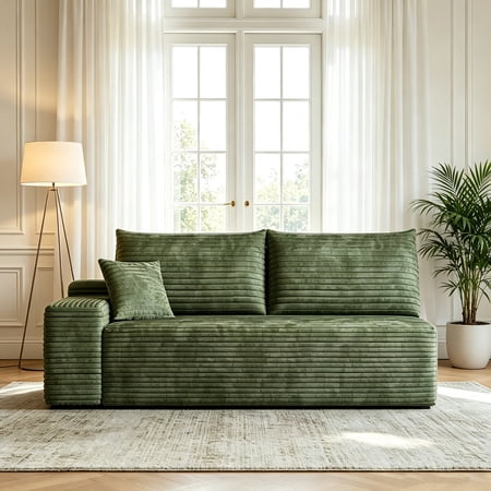 AUU Green No-Assembly Left-Facing 3-Seater Plush Corduroy Modular Sectional Sofa – Comfortable Chaise Lounge Couch