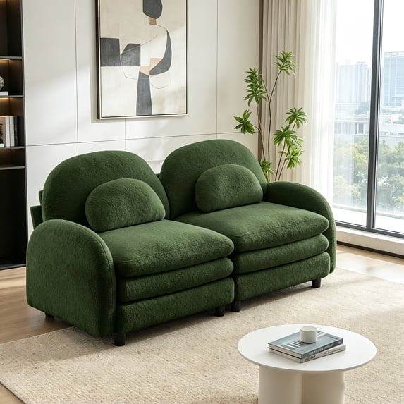 AUU Green Teddy Fabric Modular Loveseat Sofa with Curved Backrest, Armrest, and Lumbar Pillows, Double-Layer Cushion for Living Room