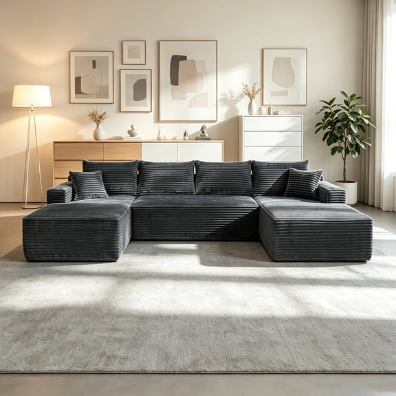 AUU Grey 126" U-Shape Cloud Sectional Sofa with Chaise, Side Pockets & Cup Holders Deep Seat Modular Plush Couch, No Assembly Required for Living Room or Bedroom