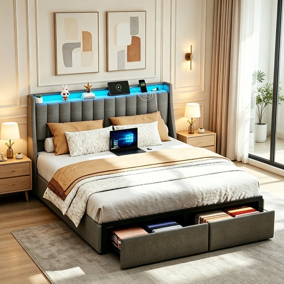AUU Grey Queen Smart Bed with RGB LED Lights, USB/AC Charging, Storage Headboard & 2 Underbed Drawers Sturdy Metal Platform, No Box Spring Needed for Bedroom