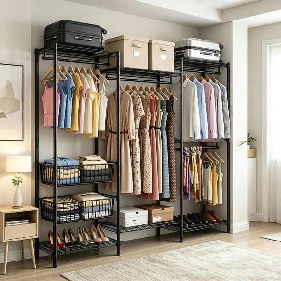 AUU Heavy Duty Freestanding Garment Rack 4 Hanging Rods & 2 Wire Baskets, Adjustable Shelves, 68.5"W x 17.1"D x 76.4"H, Black Large Clothing Rack