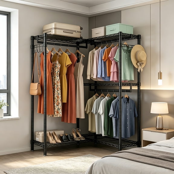 AUU Heavy Duty L-Shaped Corner Garment Rack Freestanding Clothes Rack with 3 Hanging Rods & 2 Side Hooks, Black, 58.27"W x 17.13"D x 76.38"H