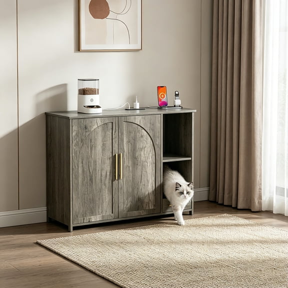 AUU Hidden Cat Litter Box Enclosure Furniture Large Dog-Proof Litter Box Cabinet with Built-In Power Strip, Compatible with Large Self-Cleaning Litter Boxes