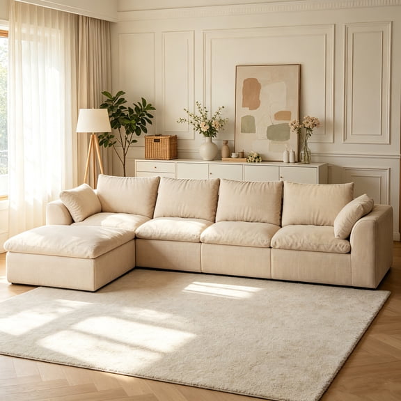 AUU Khaki 137.9" L-Shaped 5-Seat Modular Sectional Sofa with Single Chaise, Oversized Deep-Seat Corner Couch, Vacuum Compressed, Tool-Free Assembly, Textured Woven Fabric for Living Room