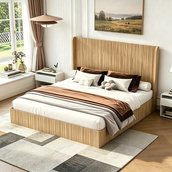AUU King Size Mid-Century Fluted Wood Bed Frame with Tall Wingback Headboard, Low Profile Platform Bed, No Box Spring Needed, Easy Assembly for Bedroom or Guest Room