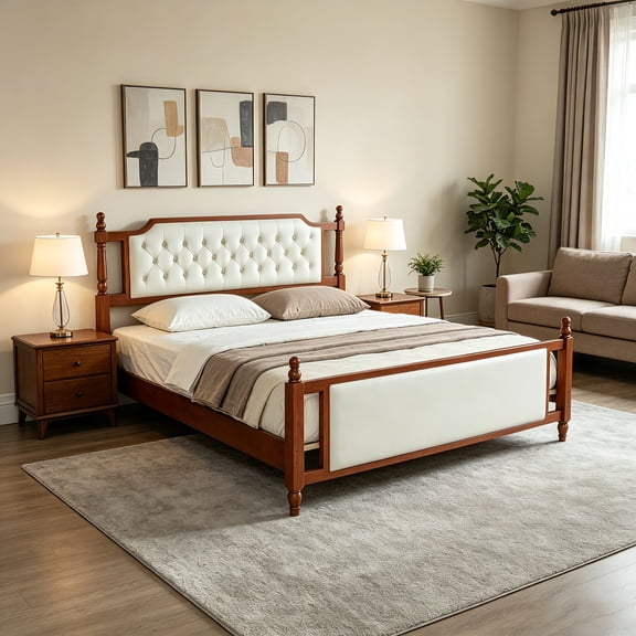 AUU King Size Modern French Country Upholstered Platform Bed – Button Tufted Velvet Headboard & Footboard, Solid Wood Farmhouse Frame, No Box Spring Needed