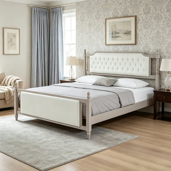 AUU King Size Modern French Country Upholstered Platform Bed – Button Tufted Velvet Headboard & Footboard, Solid Wood Farmhouse Frame, No Box Spring Needed