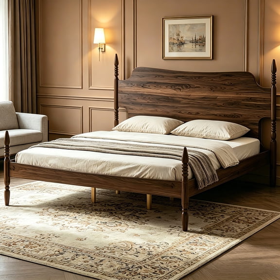 AUU King Size Walnut Spindle Platform Bed  Curved Tall Headboard, Retro Four Poster Frame, No Box Spring Required