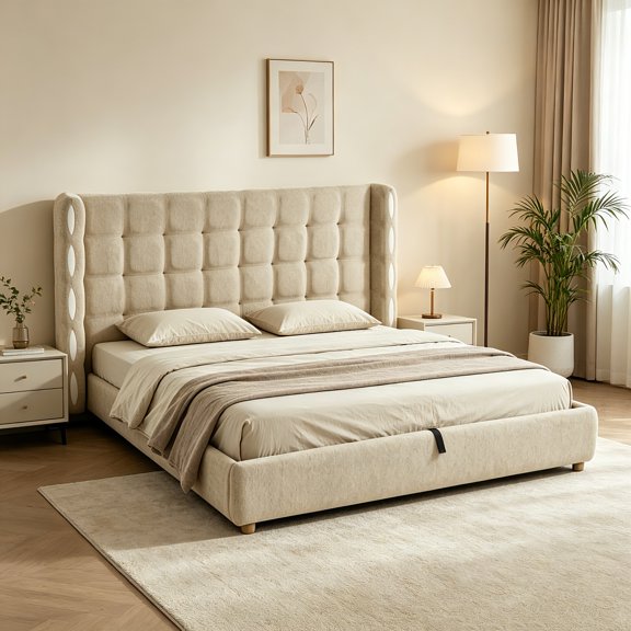 AUU King Size Wingback Gas Lift Bed – Removable Chenille Waffle Fabric, Spacious Under‑Bed Storage Compartment, Platform Bed with Sturdy Base (No Box Spring Required)