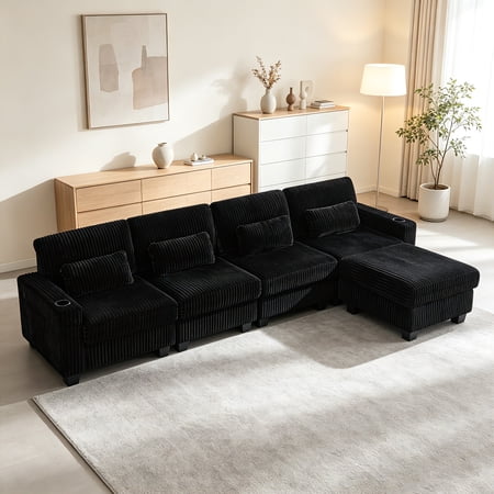 AUU L-Shaped Corduroy Modular Sectional Sofa with Detachable Ottoman, Built-In Side Pockets, Cup Holders & Sturdy Plastic Feet – Comfortable Storage Couch for Living Room