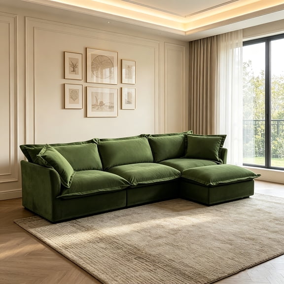 AUU L-Shaped Slipcovered Chenille Sectional Sofa, Deep Seat Cloud Couch with Convertible Ottoman and 2 Large Pillows, Oversized 3-Seater Set for Living Room or Office