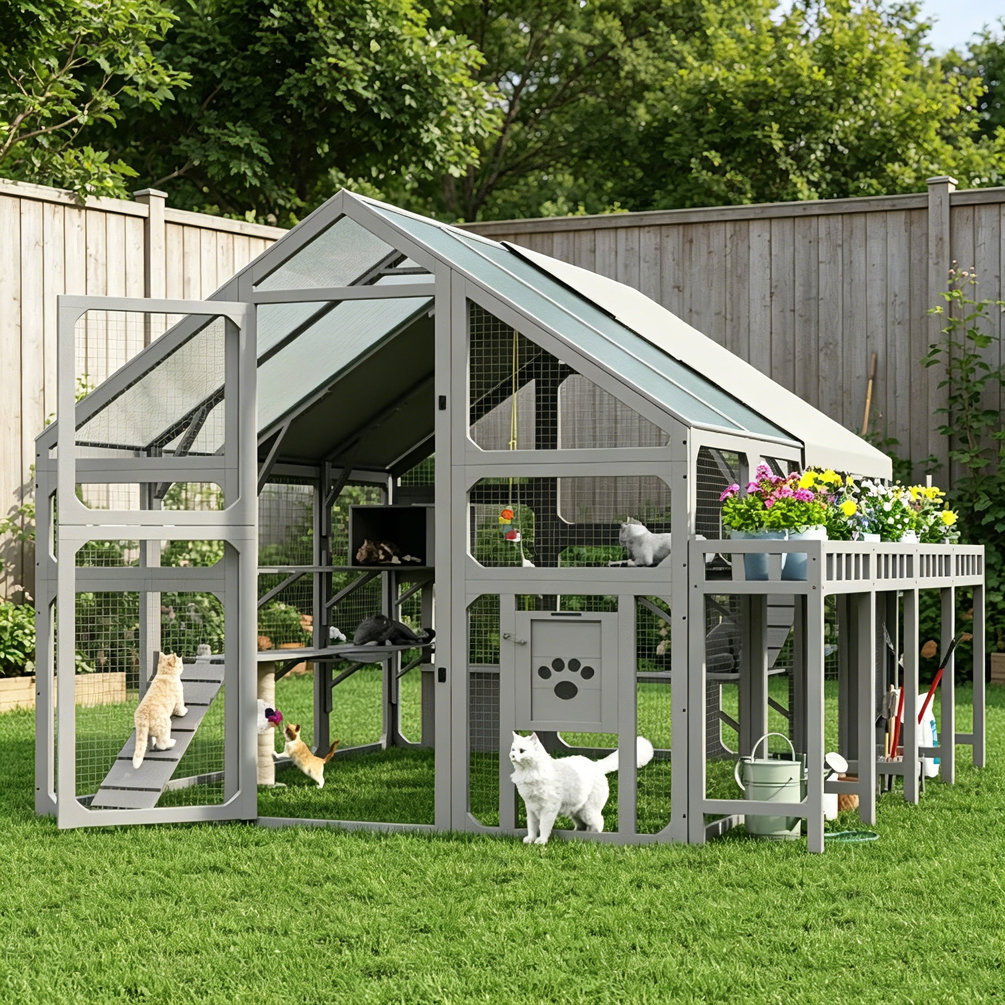 AUU Large Outdoor Cat House with Planter Stand, Wooden Cat Enclosure with Resting Boxes for Multiple Cats, Hanging Bridge, Platforms, Walk-In Catio Cage with Waterproof Cover