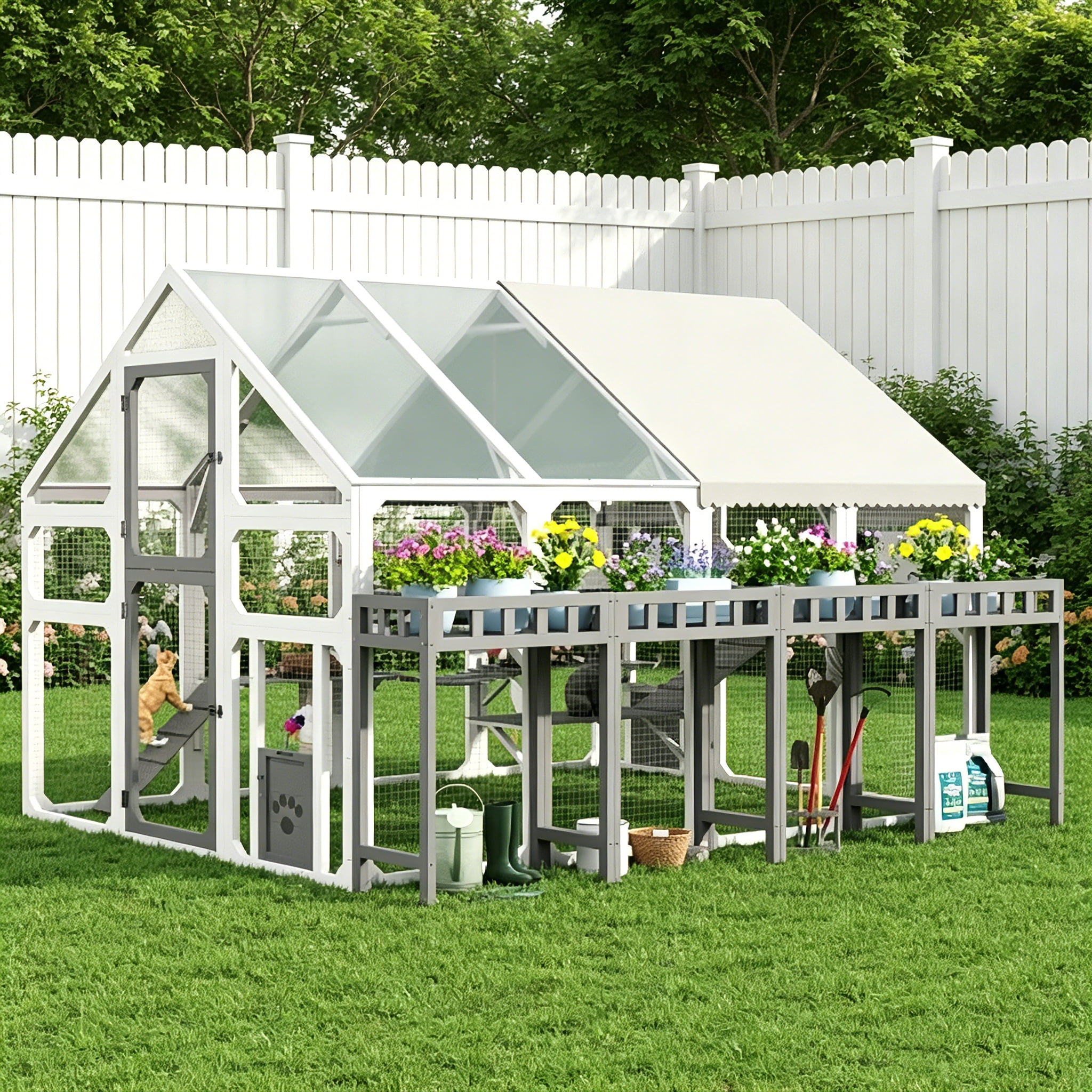 AUU Large Outdoor Cat House with Planter Stand, Wooden Cat Enclosure with Resting Boxes for Multiple Cats, Hanging Bridge, Platforms, Walk-In Catio Cage with Waterproof Cover