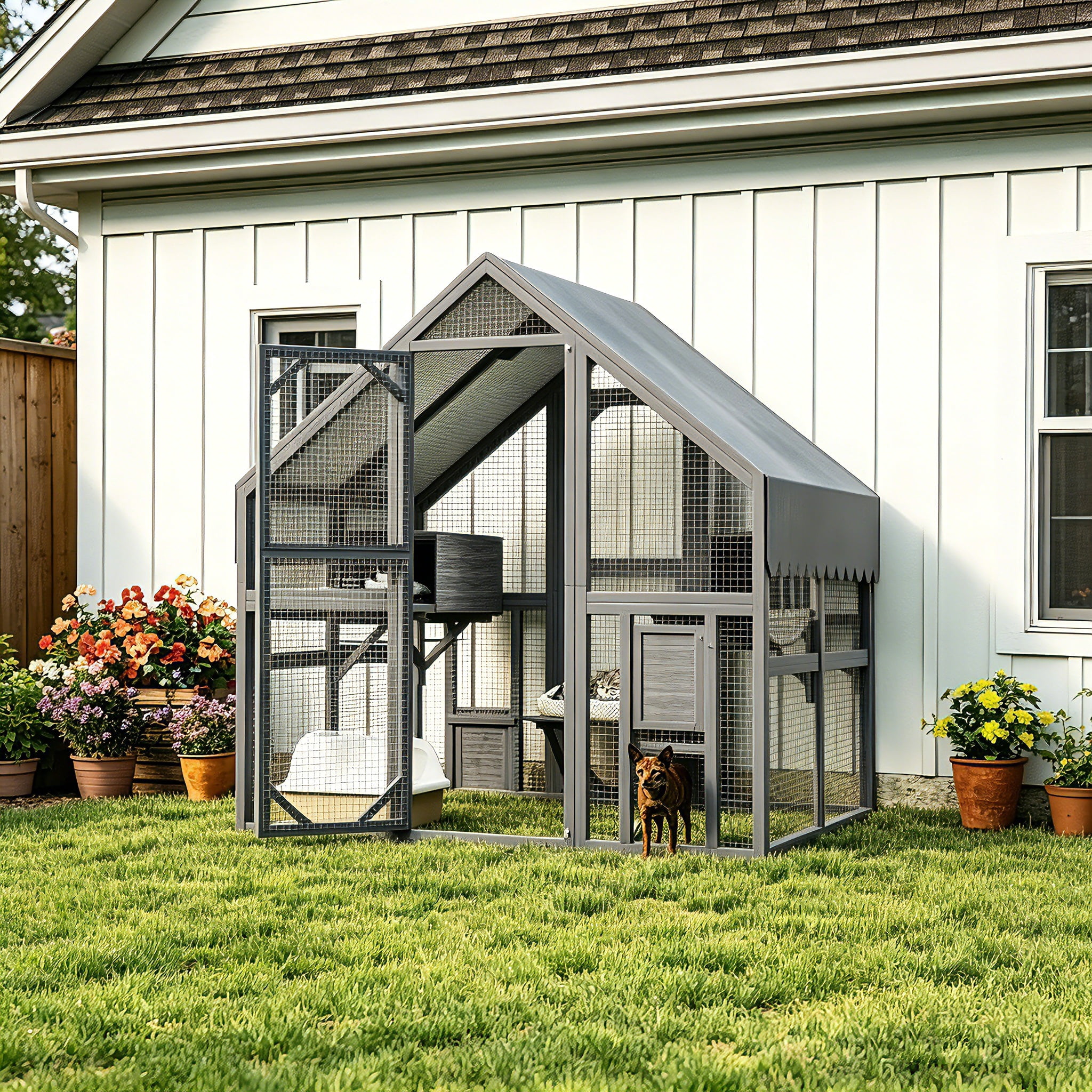 AUU Large Outdoor Wooden Cat Enclosure for Multiple Cats, 74" x 55" x 74" with 2 Platforms, 2 Resting Boxes, 1 Bridge, Waterproof & UV-Proof Canopy
