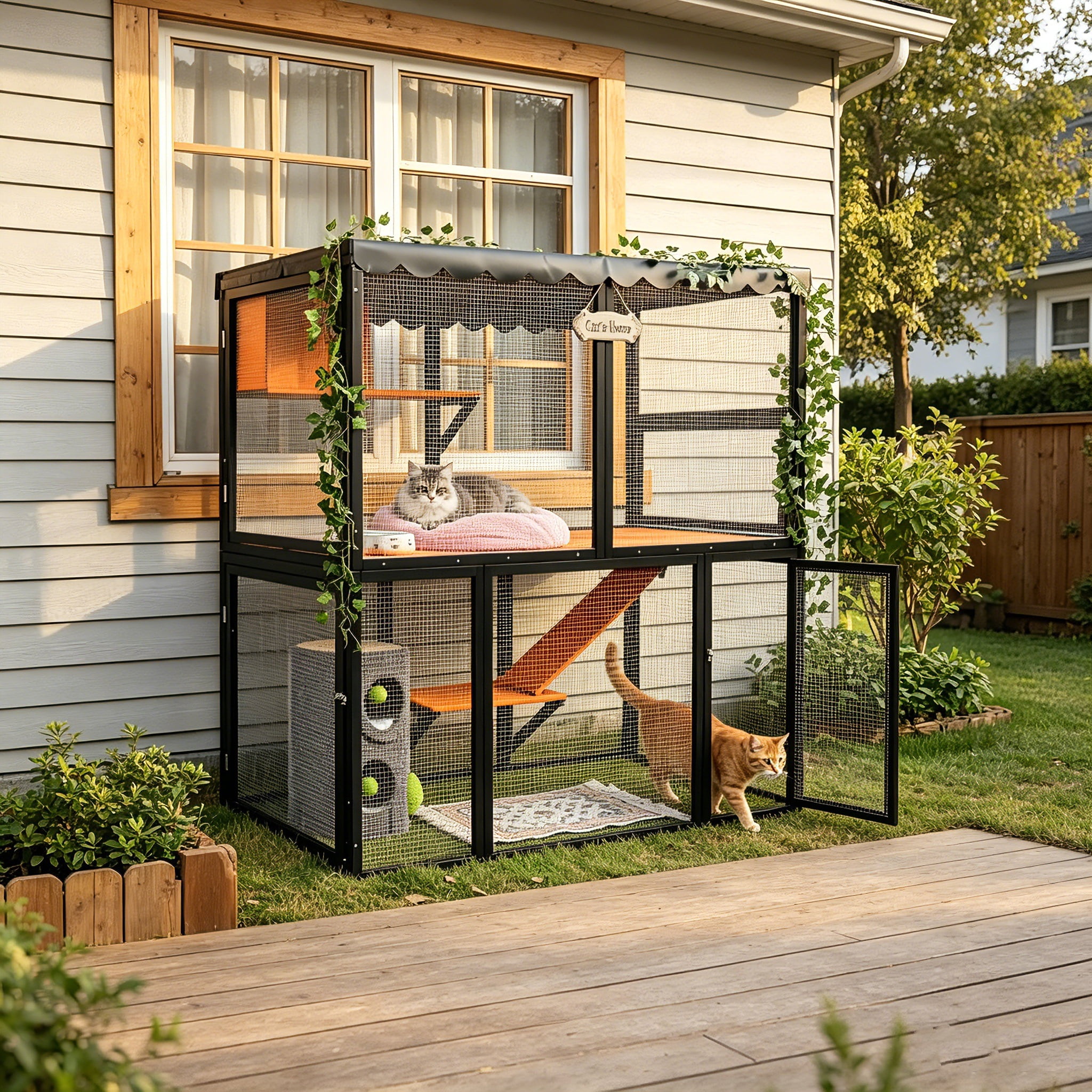 AUU Large Wooden Catio for Multiple Cats, 4-Tier Indoor/Outdoor Cat Enclosure with Waterproof Cover and Ramp