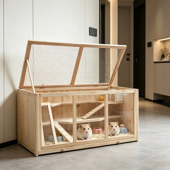 AUU Large Wooden Small Pet Habitat with Acrylic Windows  Multi-Level Hutch with Deep Tray, Ventilated Cage for Syrian Dwarf Hamsters, Rabbits, Guinea Pigs & Chinchillas