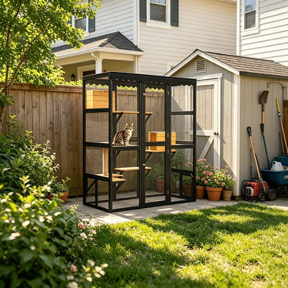 AUU Large Wooden Walk-in Cat Catio for Multiple Indoor & Outdoor Cats – Outdoor Cat Enclosure with Window Connection, 2 Condos, 5 Platforms, 4 Doors, and Weatherproof Roof Cover