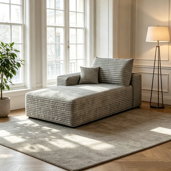 AUU Left-Facing Grey Plush Corduroy Modular Sleeper Sectional Sofa No Assembly Required, Comfortable Chaise Lounge Couch