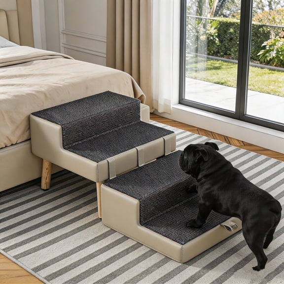 AUU Light Grey 4-Step Folding Pet Stairs & Ramp 2-in-1 Ottoman-Style Dog Steps for Bed, Non-Slip Surface, Sturdy Wood Frame, Supports 220 lbs for Small Dogs & Cats
