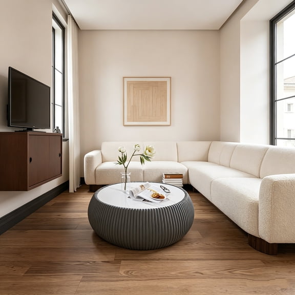 AUU Light Sintered Stone Top Drum Shape Leather Coffee Table, Modern Sofa Table with Unique Grey Pattern for Living Room