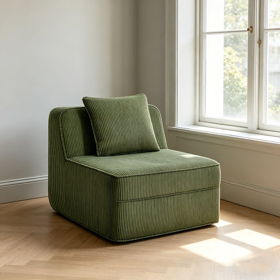 AUU Martha Armless Sofa with Pillow, Corduroy Upholstered Couch, Green for Living Room