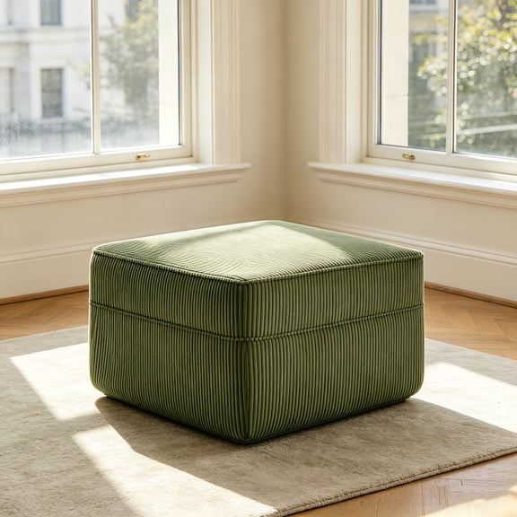 AUU Martha Ottoman, Corduroy Upholstered Footstool, Green for Living Room or Bedroom