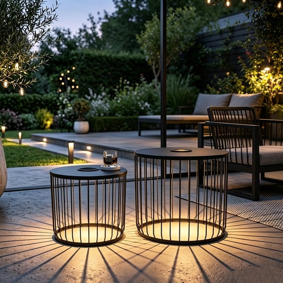 AUU Matte Black Set of 2 Solar LED Nesting Side Tables Modern Round Wire Cage End Tables with Solar Lights for Indoor/Outdoor Use on Patio, Balcony, or Garden