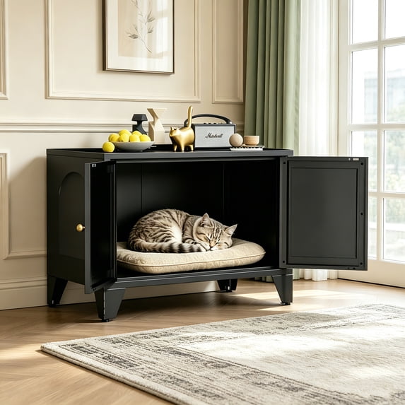 AUU Metal Cat Litter Box Enclosure, Modern Hidden Litter Box Furniture with Freestanding Pet Side Table, Black Decorative Cabinet Fits Standard Litter Boxes for Home