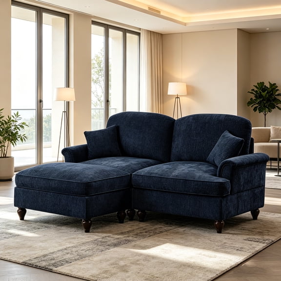AUU Mid Century Large Two Seater Modular L Shaped Chenille Loveseat Sofa with Flared Arms, Removable Ruffled Skirt, Spindle Legs, and Movable Ottoman, Blue