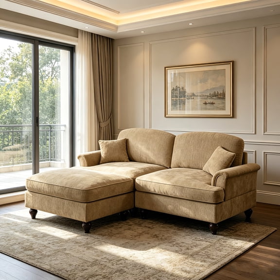 AUU Mid Century Large Two Seater Modular L Shaped Chenille Loveseat Sofa with Flared Arms, Removable Ruffled Skirt, Spindle Legs and Movable Ottoman, Light Coffee