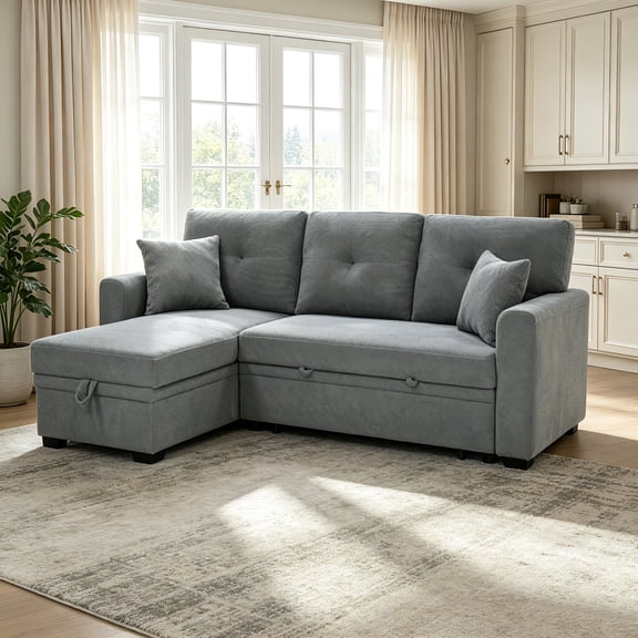 AUU Mid-Century Modern L-Shaped Convertible Sleeper Sofa with Pull-Out Bed, Reversible Chaise & Storage – Dark Gray Breathable Fabric, Small Space Solution for Living Room