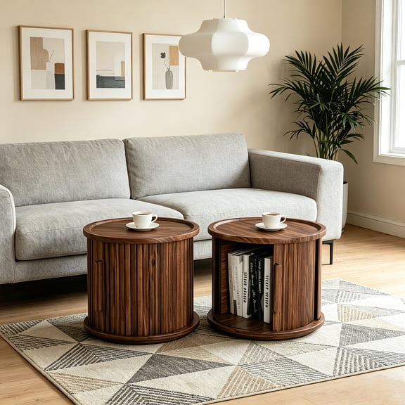 AUU Modern 2-Piece Round Nesting Coffee Table Set  Sliding Door Storage, Walnut Finish End Side Tables with Fluted Roman Column Accent for Living Room or Bedroom
