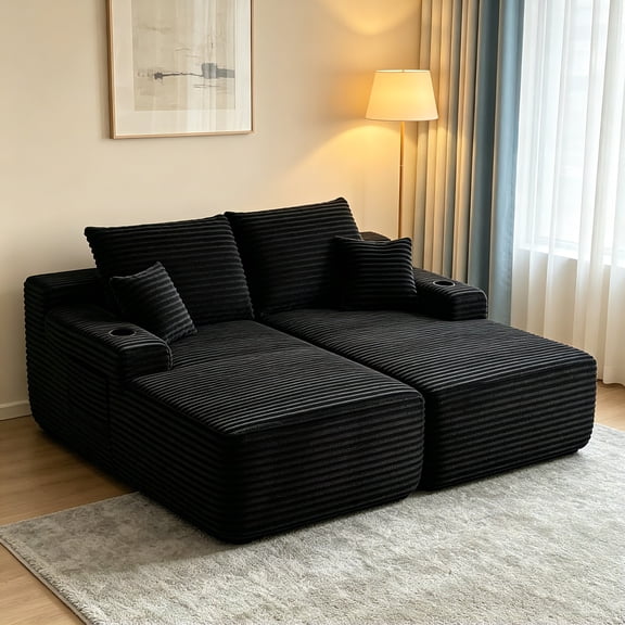 AUU Modern 69" Black Plush Fabric Cloud L-Shape Sectional Couch with R-Shape Chaise  Deep Seat 2-Seater for Living Room
