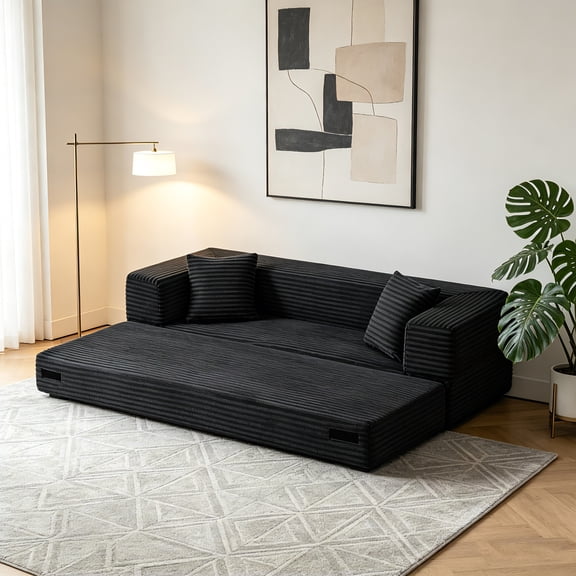AUU Modern Cord Sofa with Classic Square Design, Unique Two-Tier Convertible Sofa Bed for Apartments and Large Spaces