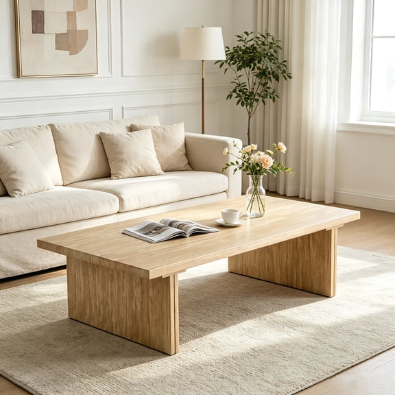 AUU Modern Faux Travertine Split-Top Coffee Table with Thick Slab Legs – Minimalist Beige Stone-Look Center Table for Wabi-Sabi or Contemporary Living Room