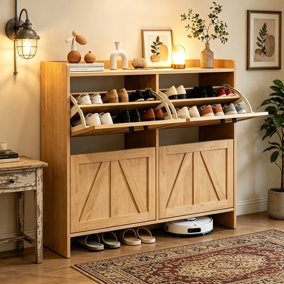 AUU Modern Fence Shoe Cabinet with 4 Flip Drawers, Sleek Space-Saving Entryway Organizer for Living Room