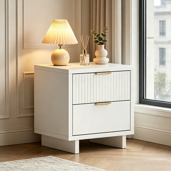 AUU Modern Fluted Nightstand with Two Soft-Close Drawers – Painted Wood Frame, Metal Pulls, Elevated Base for Bedroom