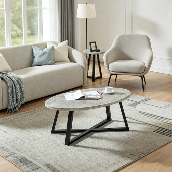 AUU Modern Harmony Wood Oval Coffee Table with Faux Concrete Finish for Living Rroom