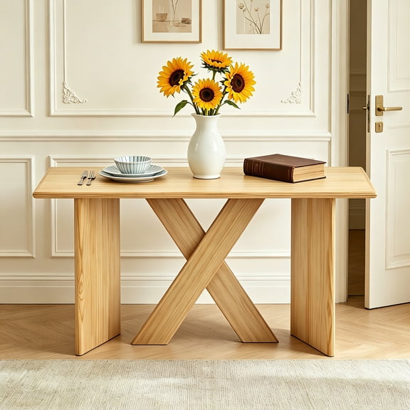 AUU Modern Minimalist 60.25-Inch X-Frame Console Table Angled X-Shaped Legs, Rounded Edges, Natural Wood Veneer for Entryway, Living Room, or Hallway