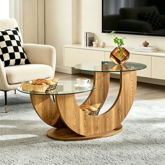 AUU Modern Minimalist U-Shaped Double-Tier Glass Coffee Table with Walnut MDF Base – Adjustable Height Side Table for Living Room