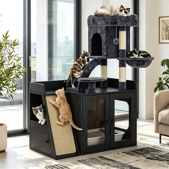 AUU Modular Cat Litter Box Enclosure with Cat Tree, Hidden Litter Box with LED Light, Sisal Scratching Board, Storage Space, Condo and Platform, All-in-One Cat Tower