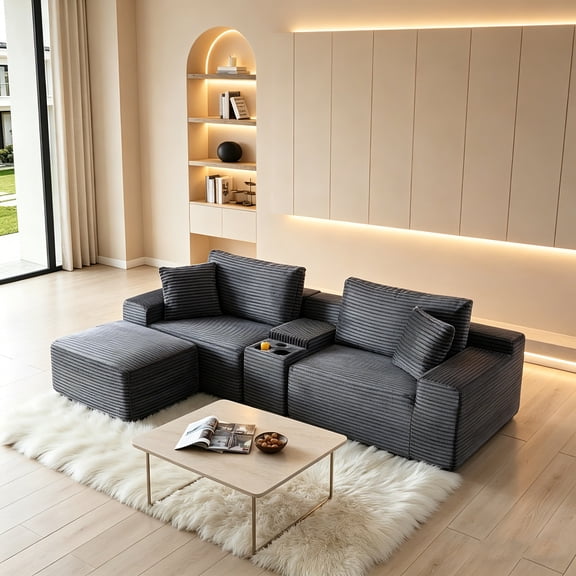 AUU Modular Corduroy Cloud Sectional Sofa with Cup Holders, USB Ports, Storage Box and Movable Ottoman, No Assembly Required, Convertible Sleeper for Living Room