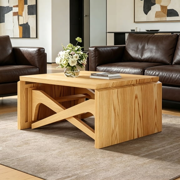 AUU Natural Wood 2-in-1 Transformer Coffee Table, Expandable Dining Table with Variable Height, Space-Saving for Living Room