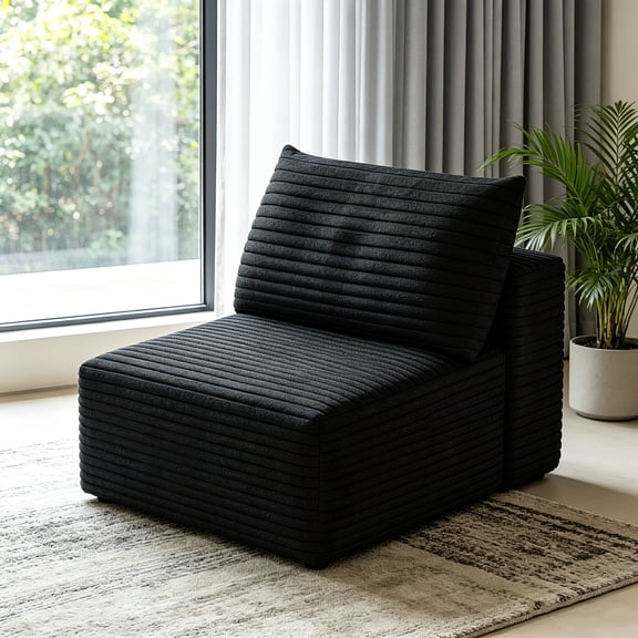 AUU No-Assembly Black Plush Corduroy 1-Seater Chaise Lounge Couch  Comfortable Single Lounger for Living Room, Bedroom, or Apartment