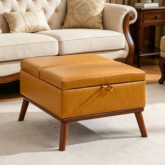 AUU Orange 31" Mid-Century Modern Rectangle Storage Ottoman Coffee Table  Lift-Top Lid, High Wooden Legs for Living Room or Office