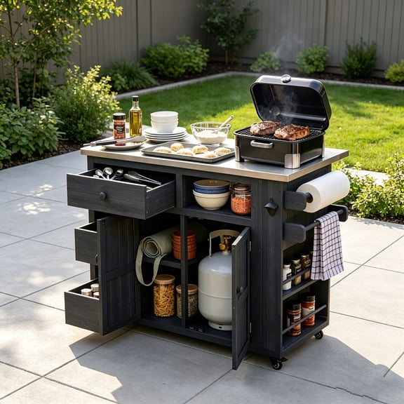 AUU Outdoor Solid Wood Extendable Kitchen Island 19.3" to 28", Stainless Steel Top Grill Table with Side Spice Rack, Drawers and Storage Cabinet for Backyard BBQ Party