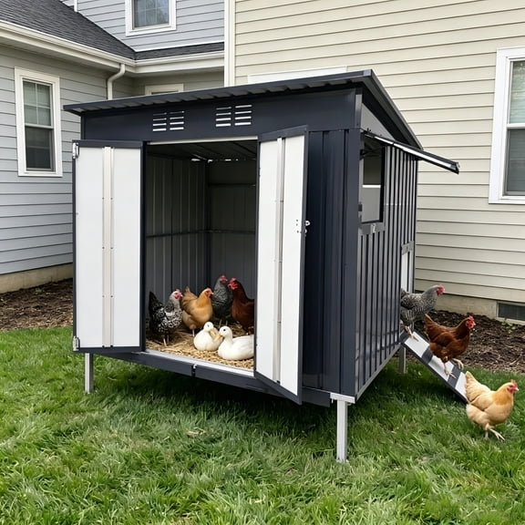 AUU Outdoor Weatherproof Galvanized Steel Chicken Coop with Pull-Out Waste Trays, Raised Base & Adjustable Vent Window  Large Poultry Cage for Backyard Hens, Ducks, and Small Animals