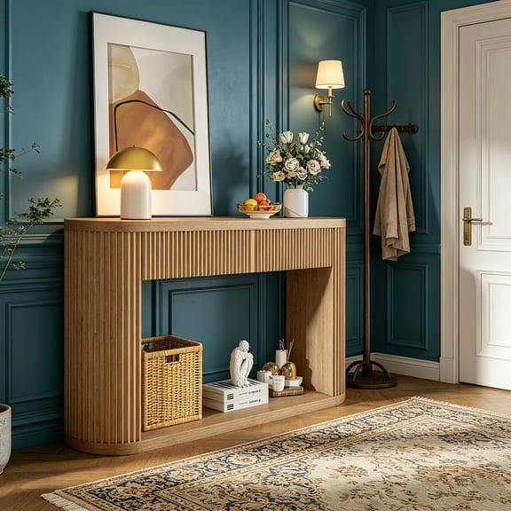 AUU Oval Fluted Console Table with 2 Drawers and Bottom Shelf – Wood Entryway Table with Smooth Metal Slides for Living Room, Entryway